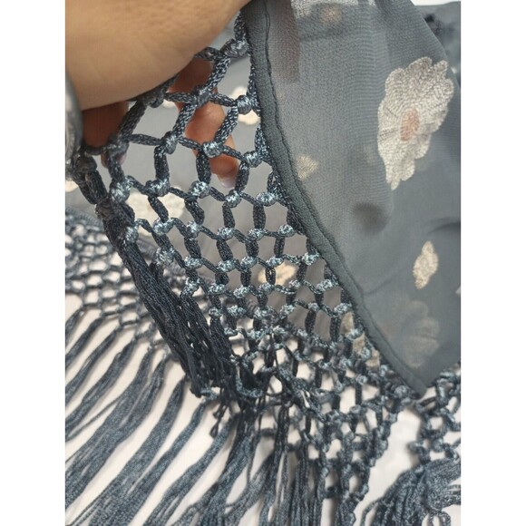 Hagel Sz L Gray Chiffon Open Front Cover Up Top Floral Kimono Tasseled - Picture 9 of 12